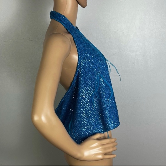 NEW RONNY KOBO BLUE SEQUIN EMBELLISHED HALTER TOP - Picture 5 of 8